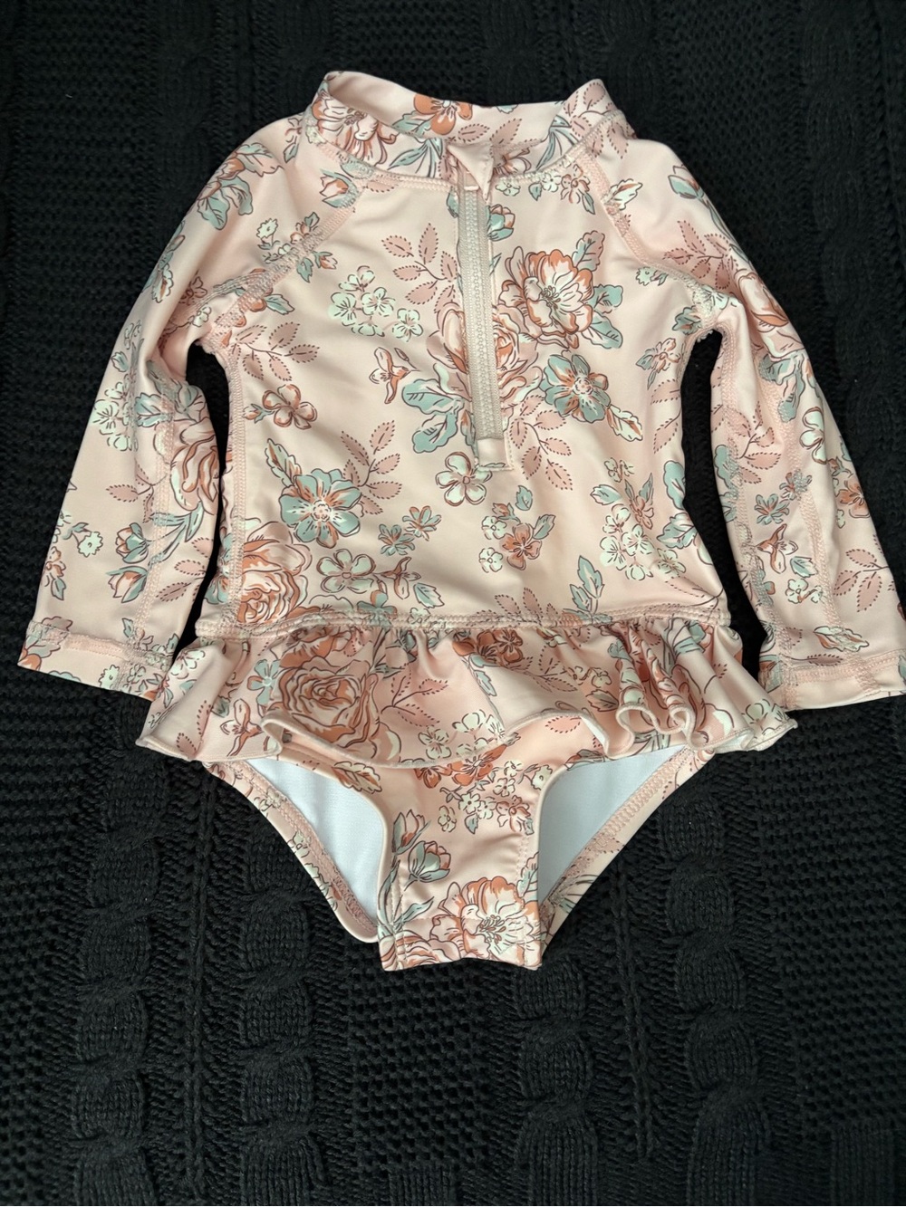 Girls' Peach Floral Long-Sleeve One-Piece Swimsuit with Ruffle